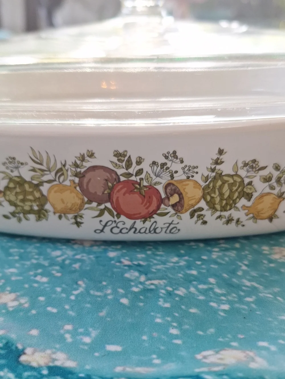 Corningware White Casserole with Harvest Vegetable Motif and Clear Lid